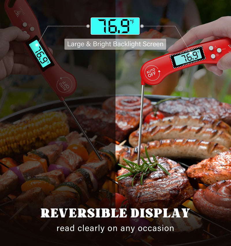 [Australia - AusPower] - DOQAUS Digital Meat Thermometer, Instant Read Food Thermometer for Cooking, Kitchen Thermometer Probe with Backlit & Reversible Display, Cooking Thermometer Temperature for Turkey Grill BBQ Candy Light Red 