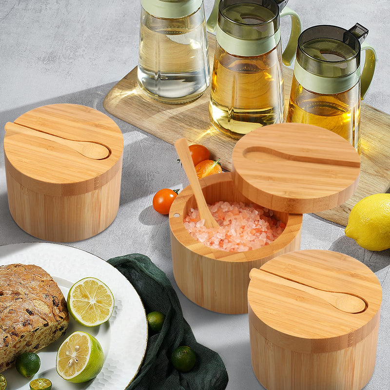 [Australia - AusPower] - Bamboo Salt Cellar with Mini Spoon by HTB, Kitchen Salt Box with Swivel Magnetic Closure Lid, Round Salt Container to Storage Pepper Spice Bath Salt Sea Salt 1pcs 