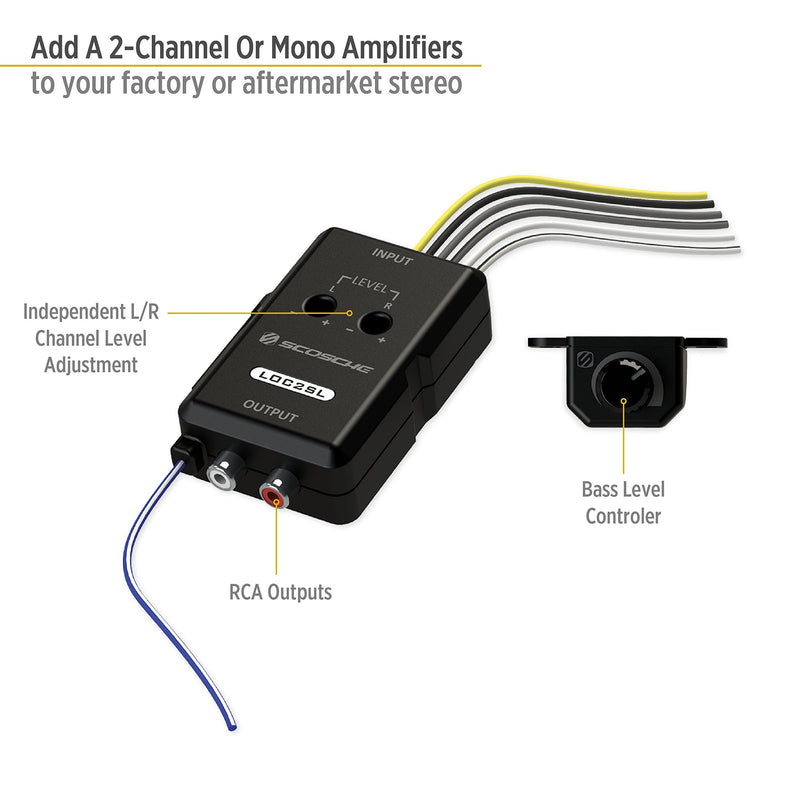 [Australia - AusPower] - Scosche LOC2SL Line Output Converter Adjustable Amplifier Add On Module for Car Stereo, 2-Channel Signal Sensing Speaker Wire to RCA Adapter with Remote Control Knob, Black 90W, Black 