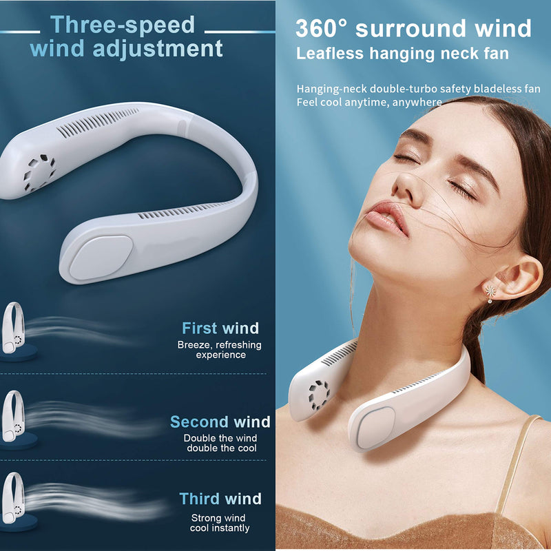 [Australia - AusPower] - BISMDKY Portable Neck Fan, Hands Free 9600 mAh Rechargeable Mini USB ,Leafless,No Curly Hair,Headphone Design Personal Fan, 360° Cooling adjustable Necklace Fan 3 Speeds Hanging Neck Fan for Outdoor Sports Travel 