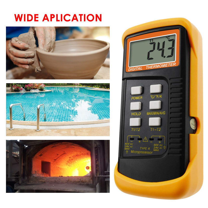[Australia - AusPower] - DANOPLUS High Accuracy Digital K-Type Thermocouple Thermometer (-50~1300°C) with Dual Channels 4 Probes (Wired & Stainless Steel) Handheld High Temperature Kelvin Scale Meter Tester 