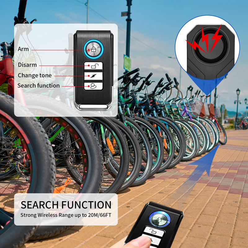 [Australia - AusPower] - Vibration Sensing Bike Alarm with Remote, 113db Loud Bicycle Alarm System Anti Theft, Wireless Motorcycle Alarm for Electric Bike Tricycle Mobility Scooter Vehicles Ebike for Cycling Security 2 Pack 