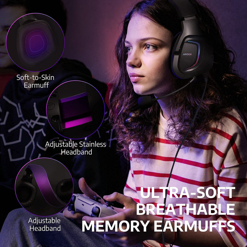 [Australia - AusPower] - AIHOOR Wired Gaming Headset with 7.1 Surround Sound, Detachable Mic, in-Line Volume & Mute Control, RGB LED Light, Protein Ear Cushions, Over-Ear Headphone for PS4/PS5 Controller, PC (3.5mm Plug) 