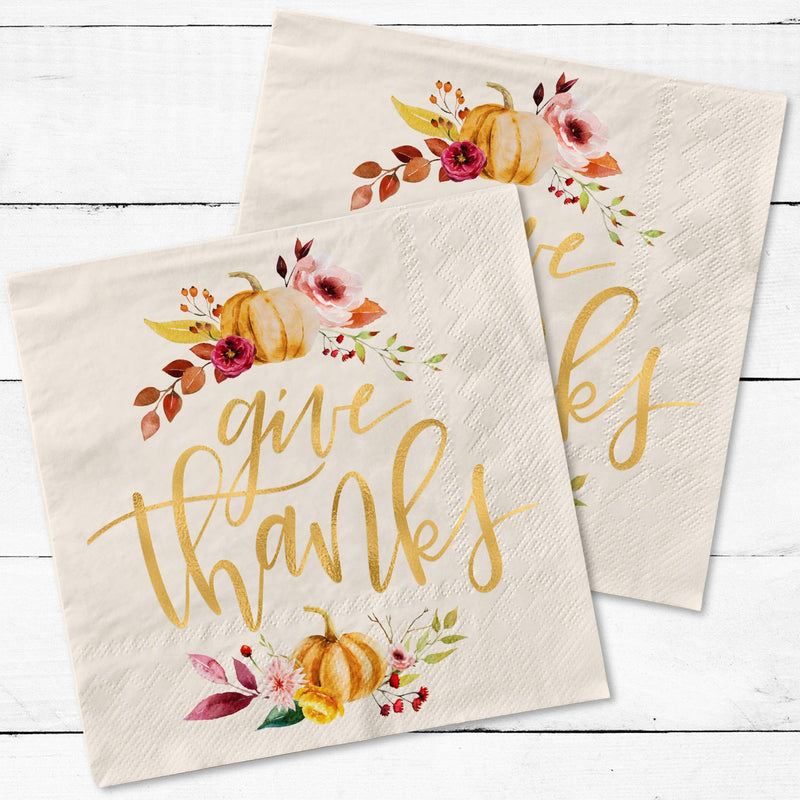 [Australia - AusPower] - xo, Fetti Thanksgiving Gold Foil Napkins - 50 count | Give Thanks Decorations, 5 x 5 inches, 3ply, Autumn Leaves, Pumpkins, Fall Table Decor 