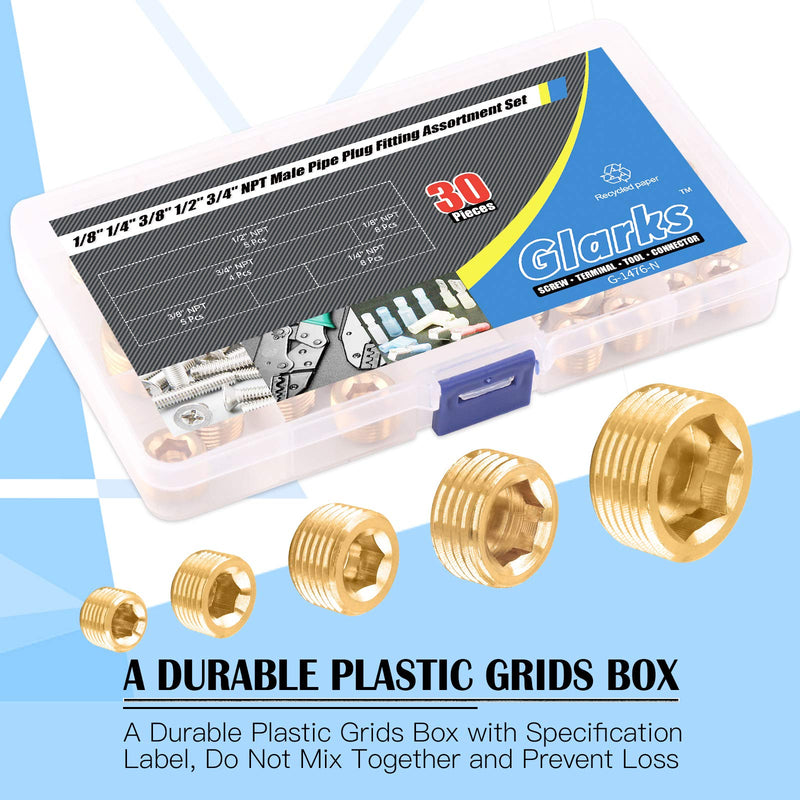 [Australia - AusPower] - Glarks 30Pcs Brass 1/8'' 1/4'' 3/8'' 1/2'' 3/4'' NPT Male Pipe Plug Fitting Set Internal Hex Thread Socket Pipe Plug Assortment Kit 30Pcs Assortment Set 