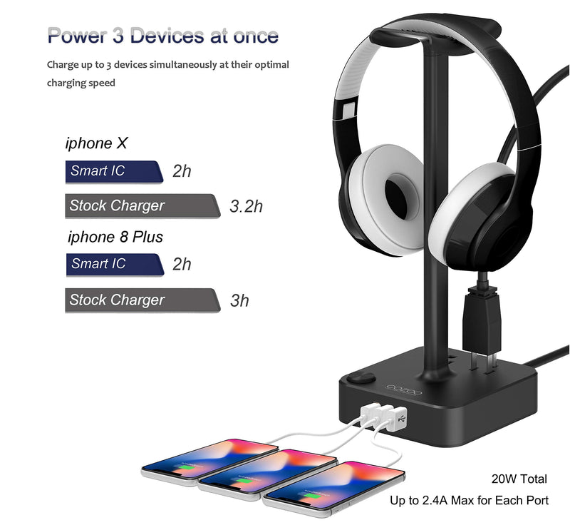 [Australia - AusPower] - Headphone Stand with USB Charger COZOO Desktop Gaming Headset Holder Hanger with 3 USB Charger and 2 Outlets - Suitable for Gaming, DJ, Wireless Earphone Display (Black) 1.Black 