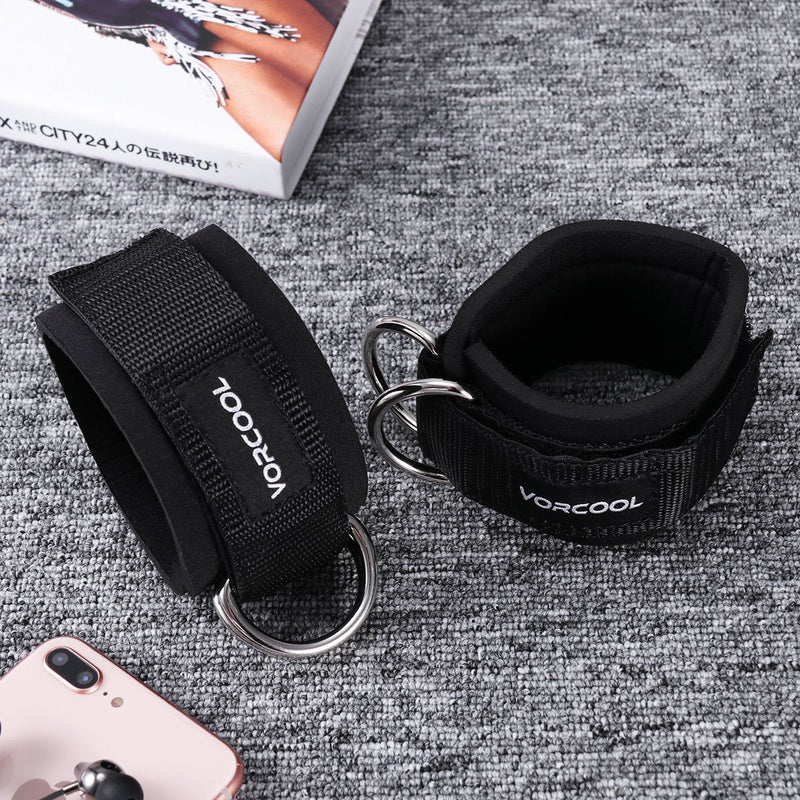 [Australia - AusPower] - VORCOOL 2PCS Ankle Straps for Cable Machines Weightlifting Gym Workout Fitness Double D-Ring Neoprene Padded Ankle Cuffs for Legs, Abs and Glute Exercises Fits for Men&Women with Carry Bag 