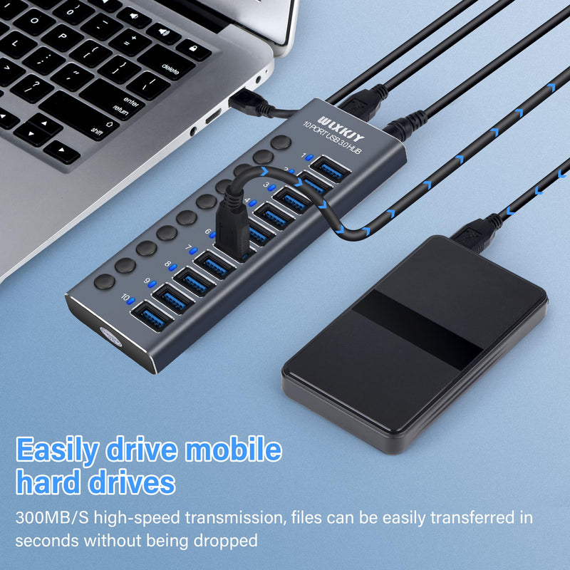 [Australia - AusPower] - Active USB Hub, WLXKJY Aluminum 10-Port USB 3.0 Hub with 10 USB 3.0 Data Transfer Ports, USB Splitter with Individual Switch and 60W (12V/5A) Power Adapter 