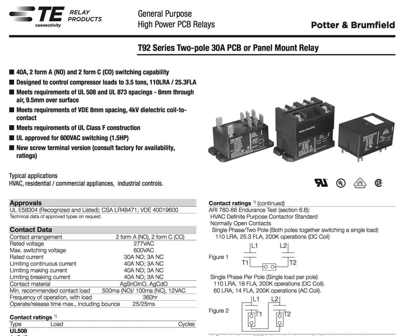 [Australia - AusPower] - TE CONNECTIVITY/POTTER & BRUMFIELD T92P7A22-24 Power Relay, DPST-NO, 24VAC, 30A, Flange (Twо Расk) 1 