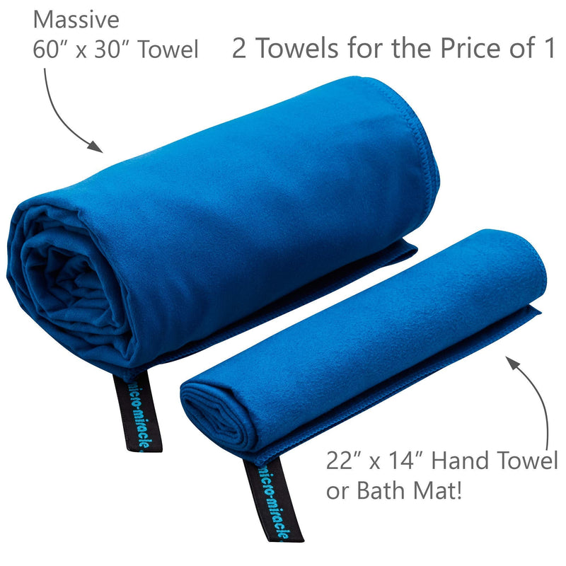 [Australia - AusPower] - Micro Miracle XL - 2in1 Quick Dry Microfiber Travel Towel, 13 Colors, 60 x 30 in, Soft and Lightweight for Gym, Travel, Backpacking, Camping, RV, Beach / Super Absorbent, Fast Dry, Compact - With Pouch Blue 