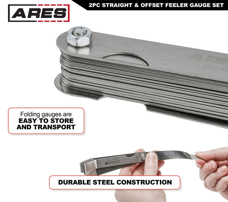 [Australia - AusPower] - ARES 11043 - 2-Piece Straight Feeler Gauge & Offset Feeler Gauge Set - Straight Gauge has 32 Dual-Marked SAE & Metric Sizes - Offset has 16 Dual-Marked Sizes - Precisely Measure Mechanical Clearances Straight Feeler Gauge and Offset Tappet Set 