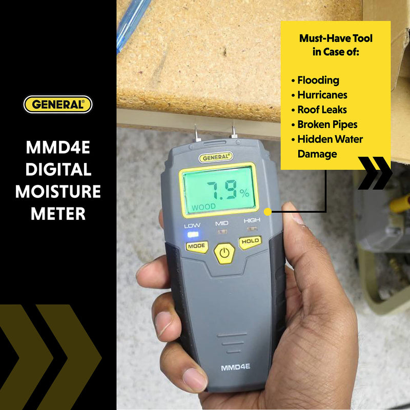 [Australia - AusPower] - General Tools MMD4E Digital Moisture Meter, Water Leak Detector, Moisture Tester, Pin Type, Backlit LCD Display With Audible and Visual High-Medium-Low Moisture Content Alerts, Grays 