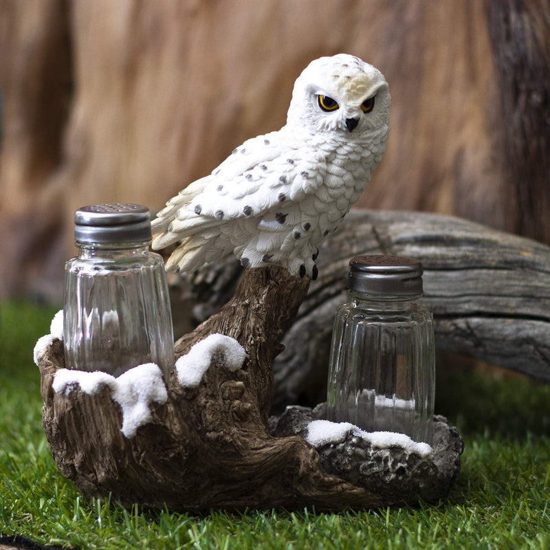 [Australia - AusPower] - Pacific Giftware Snowy Owl Perching On Tree Branch Spiritual Realistic Decorative Glass Salt and Pepper Shakers Set with Resin Holder 