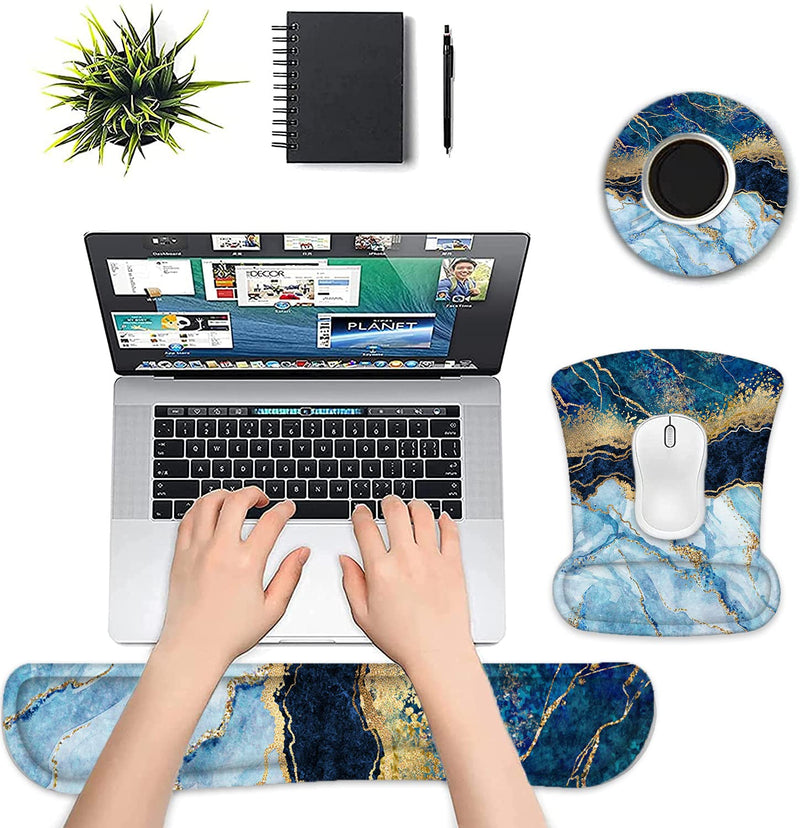 [Australia - AusPower] - Lateefah Mouse Pad Wrist Support, Keyboard Wrist Rest and Mouse Pad, Memory Foam Wrist Rests for Keyboard and Mouse, Ergonomic Mouse Pad and Keyboard Wrist Support for Gaming, Office & Easy Typing Blue Marble 