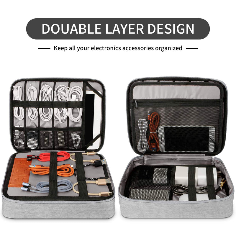 [Australia - AusPower] - HOLIMET Cable Organiser Bag,Electronic Accessories Bag Double Layer for Travel Waterproof Cord Storage Organizer Bag for iPad, Kindle, Hard Drives, Cables, Chargers,Power Bank and More(Grey) GRAY-L 
