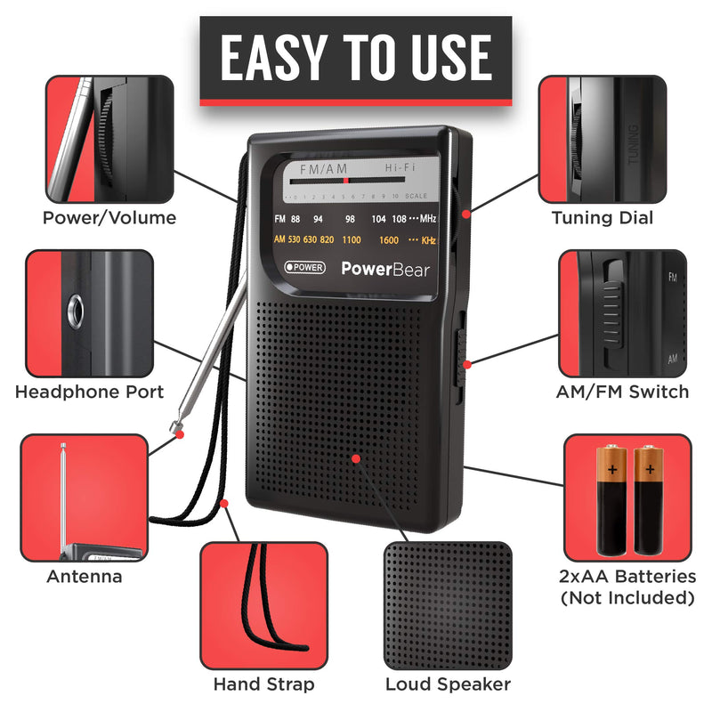 [Australia - AusPower] - PowerBear Portable Radio | AM/FM, 2AA Battery Operated with Long Range Reception for Indoor, Outdoor & Emergency Use | Radio with Speaker & Headphone Jack (Black) Black 