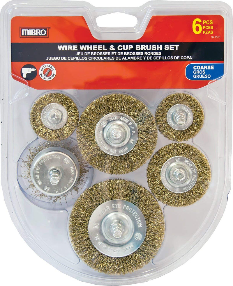 [Australia - AusPower] - MIBRO 971531 General Purpose Brass Coated Coarse Wire Wheel and Cup Brush Set with 1/4" Hex Shank, 6 Pieces 