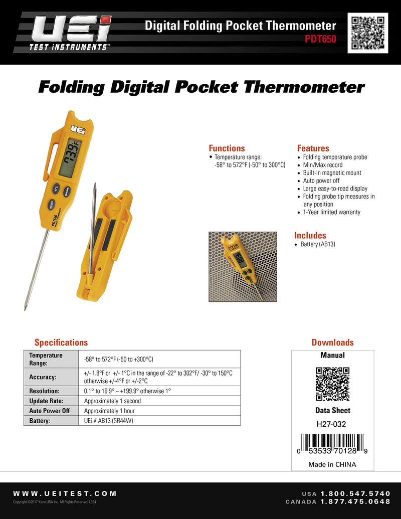 [Australia - AusPower] - UEi Test Instruments PDT650 Folding Pocket Digital Thermometer,Yellow 
