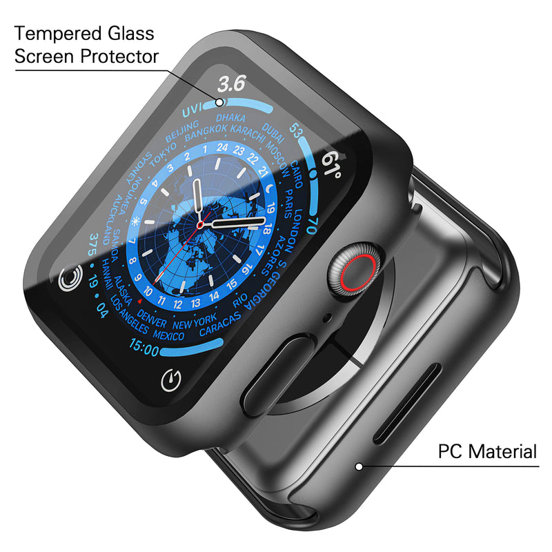 [Australia - AusPower] - Misxi 2 Pack Hard PC Case with Tempered Glass Screen Protector Compatible with Apple Watch Series 7 45mm, Ultra-Thin Scratch Resistant Overall Protective Cover for iWatch S7, Black 