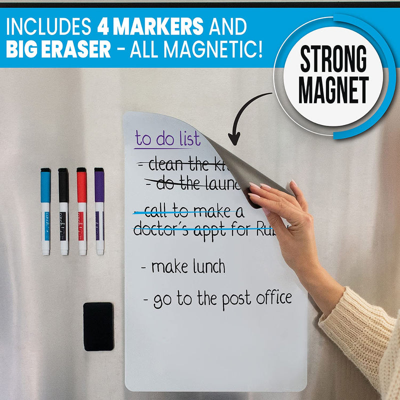 [Australia - AusPower] - Magnetic Dry Erase Whiteboard Sheet for Kitchen Fridge with Stain Resistant Technology, 16x11" - Includes 4 Markers and Big Eraser with Magnets, Refrigerator White Board Organizer Planner Grocery List 