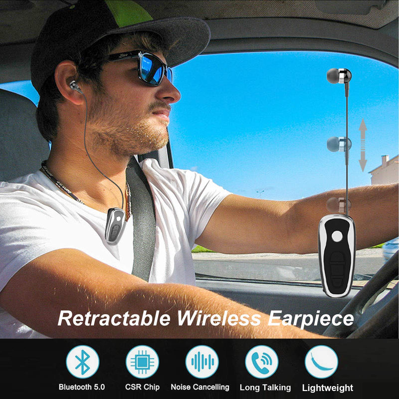 [Australia - AusPower] - Retractable Wireless Headset Headphone V5.0 Stereo Wireless Earpiece Business Headphones Clip on Earbud Compatible with Smart Cell Phones Tablet Pad PC Laptop Black 