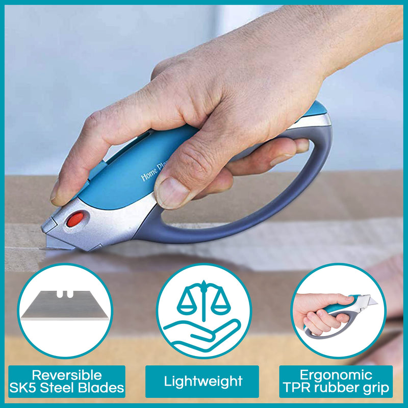 [Australia - AusPower] - Box Cutter Retractable Utility Knife - Heavy Duty Box Cutter Knife Cardboard Cutter - Box Opener Razor Blades Utility Knife - Box Knife Carpet Cutter with 5 Sharp Blades Blue 
