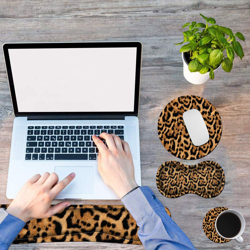[Australia - AusPower] - Ergonomic Keyboard Wrist Rests Gel Memory Foam Mouse Pad with Round Mousepad + Coasters, Wrist Support Set with Non Slip Base for Gaming Office Laptop Easy Typing & Pain Relief, Leopard Print 