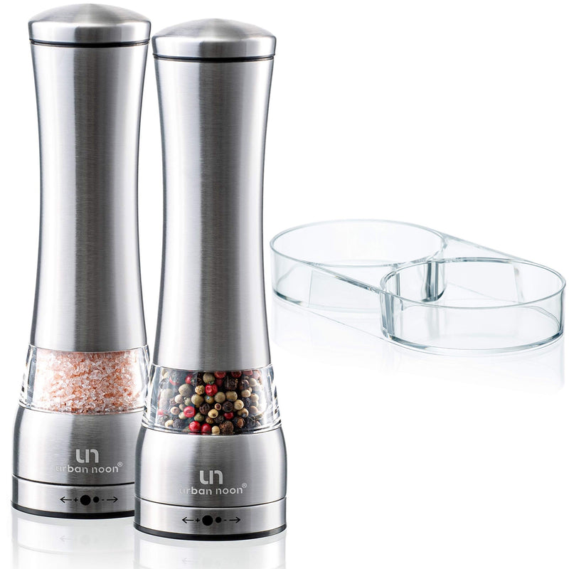 [Australia - AusPower] - Salt and Pepper Grinder Set - Stainless Steel Pepper Grinder and Salt Grinder with Tray in Luxurious Gift-Box - Manual Mills with Ceramic Grinders and Adjustable Coarseness (Set of 2 plus Tray) 