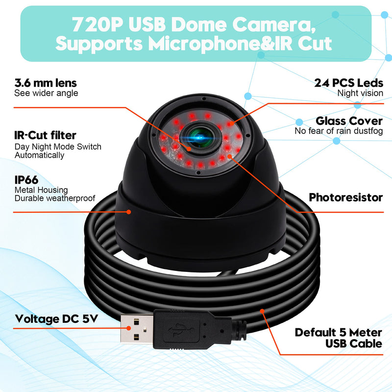 [Australia - AusPower] - 1 Megapixel Dome Camera,720P USB Security Camera with CMOS OV9712 Sensor,Day Night Vision Indoor Outdoor Infrared LEDs CCTV USB Webcam,Waterproof Home Surveillance System USB Camera,Supports Most OS 1 Megapixel Lens-05MT 