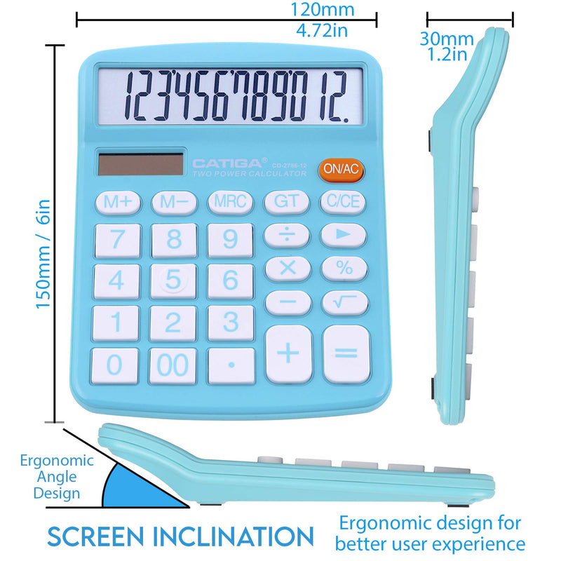 [Australia - AusPower] - Desktop Calculator 12 Digit with Large LCD Display and Sensitive Button, Solar and Battery Dual Power, Standard Function for Office, Home, School, CD-2786 (Light Blue) Light Blue 
