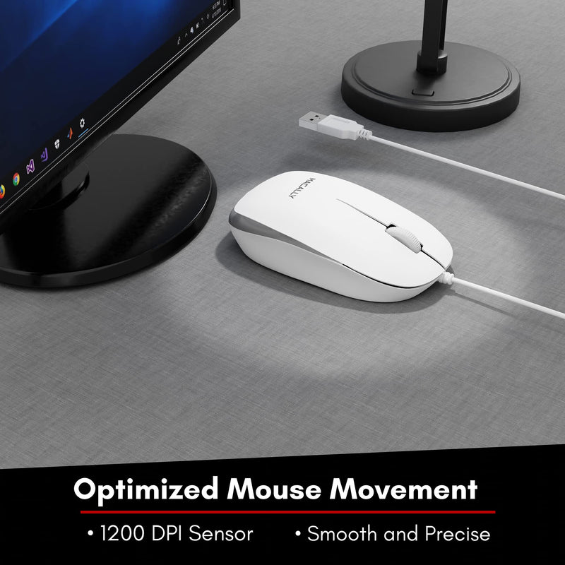 [Australia - AusPower] - Macally USB Wired Mouse for Mac and Windows - Simple 3 Button Computer Mouse Wired, Scroll Wheel Layout with 5ft Cord - Simple Plug and Play USB Mouse for Laptop, Desktop, Notebook - White 