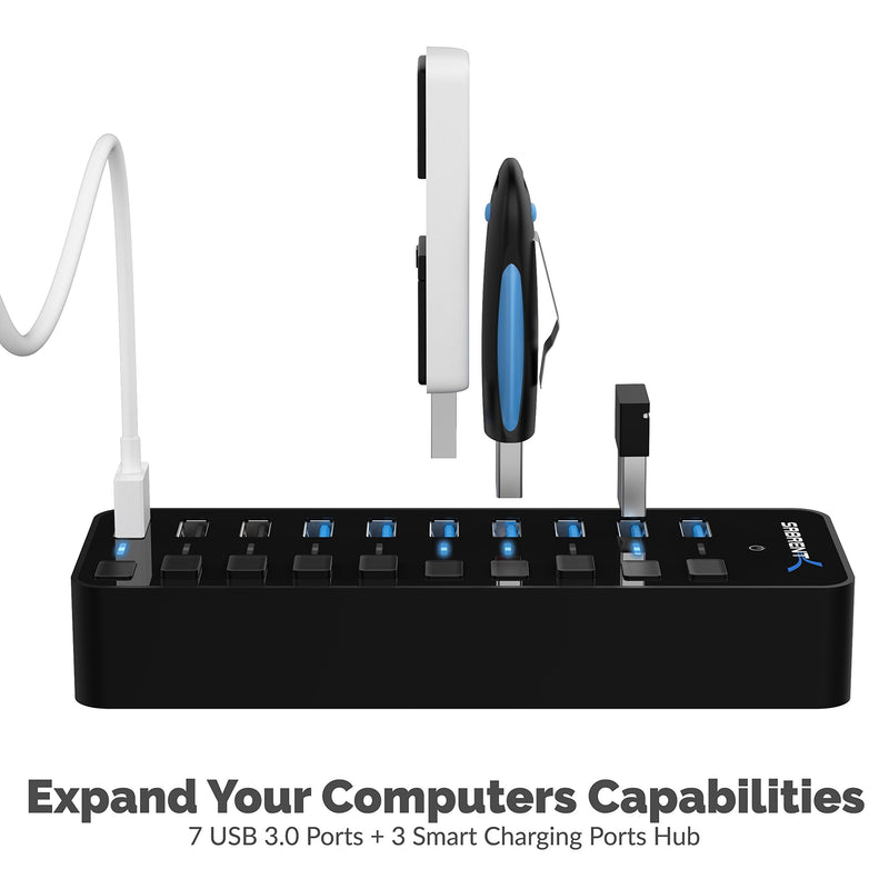 [Australia - AusPower] - SABRENT 60W 10-Port USB 3.0 Hub Includes 3 Smart Charging Ports with Individual Power Switches and LEDs and 60W 12V/5A Power Adapter (HB-B7C3) 7 + 3 Charging Ports 