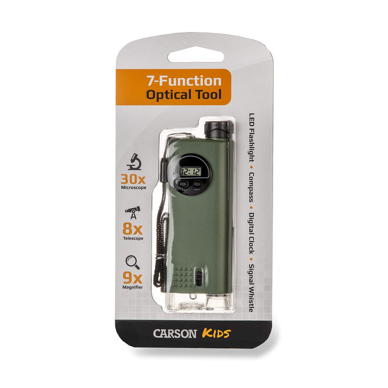 [Australia - AusPower] - Carson X-Scope Kids 7 Function Multi Purpose Optical Pocket Tool with 30x Microscope, 8x Telescope, 9x Fold-Out Magnifier, Flashlight, Signal Whistle, Directional Compass and Digital Clock (CP-11) 