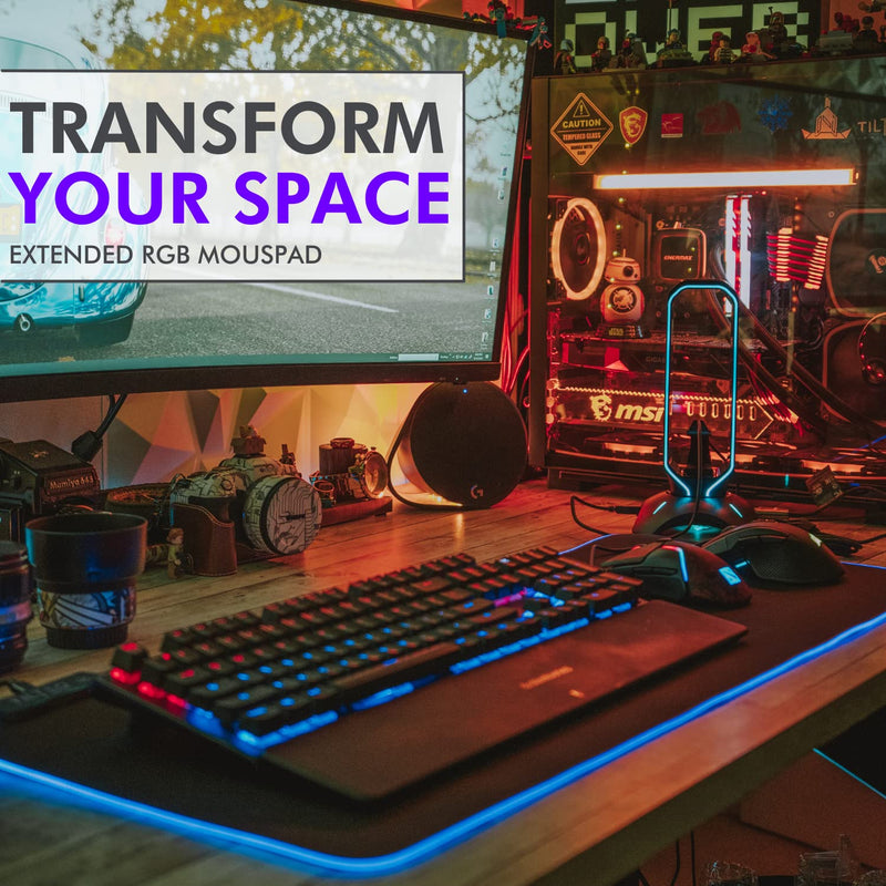 [Australia - AusPower] - Tilted Nation RGB Gaming Mouse Pad Large - LED Extended Mousepad Desk Mat with 8 Adjustable Light Modes - Computer Mouse and Keyboard Pad - Non Slip Rubber Base, Easy to Clean Water Proof Surface Black with RGB Lighting 