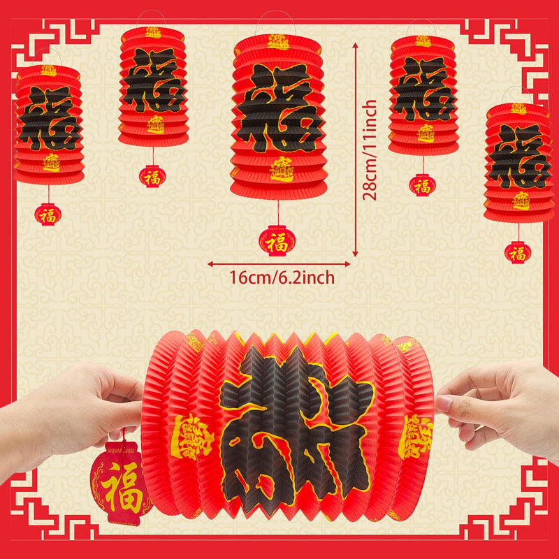 [Australia - AusPower] - 6Pcs 2024 Chinese New Year Decorations, Year of The Dragon Red Fu Lanterns 16*25cm Lunar Spring Festival Ceiling Hanging Paper Lanterns Lamp Party Supplies Decor for Birthday Wedding Restaurant Store 
