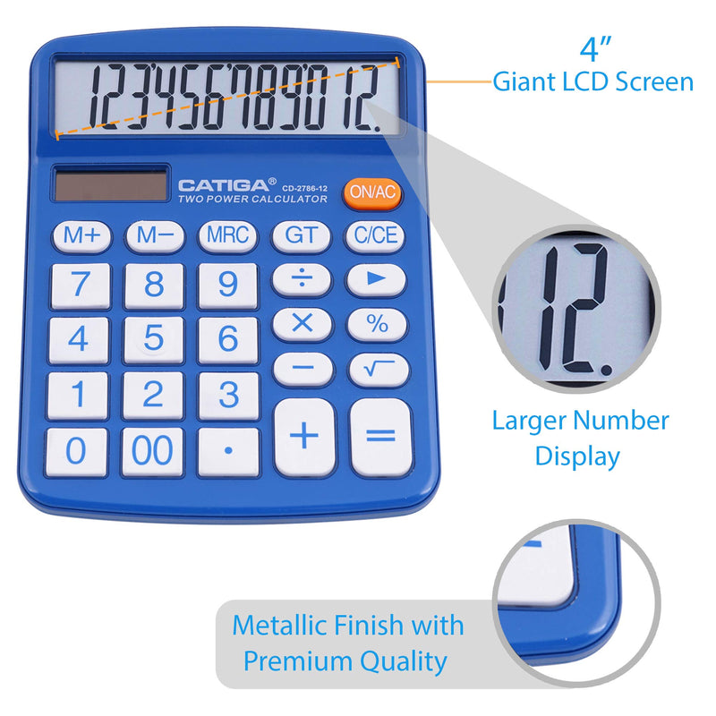 [Australia - AusPower] - Desktop Calculator 12 Digit with Large LCD Display and Sensitive Button, Solar and Battery Dual Power, Standard Function for Office, Home, School, CD-2786 (Blue) Blue 