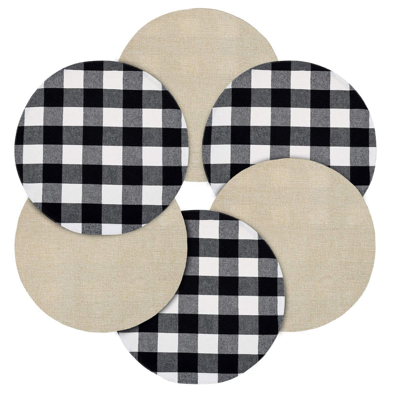 [Australia - AusPower] - Senneny Round Placemats Set of 6 - Black and White Buffalo Plaid Placemats - Reversible Cotton and Burlap Placemats for Round Tables - Farmhouse Placemats for Dining Table Black and White Plaid 