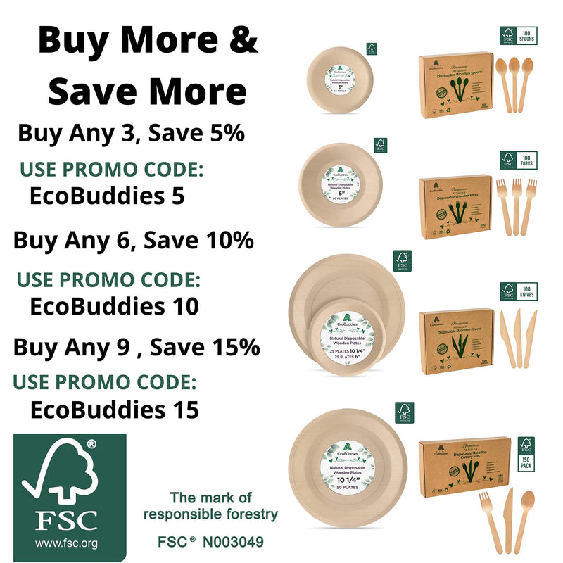 [Australia - AusPower] - EcoBuddies Wooden Bowls Disposable Round 5 Inch- 50 pcs | Eco-Friendly, Biodegradable, Compostable Bowls | Heavy-Duty Alternative to Bamboo Bowls for Wedding, Catering, Camping & Parties 