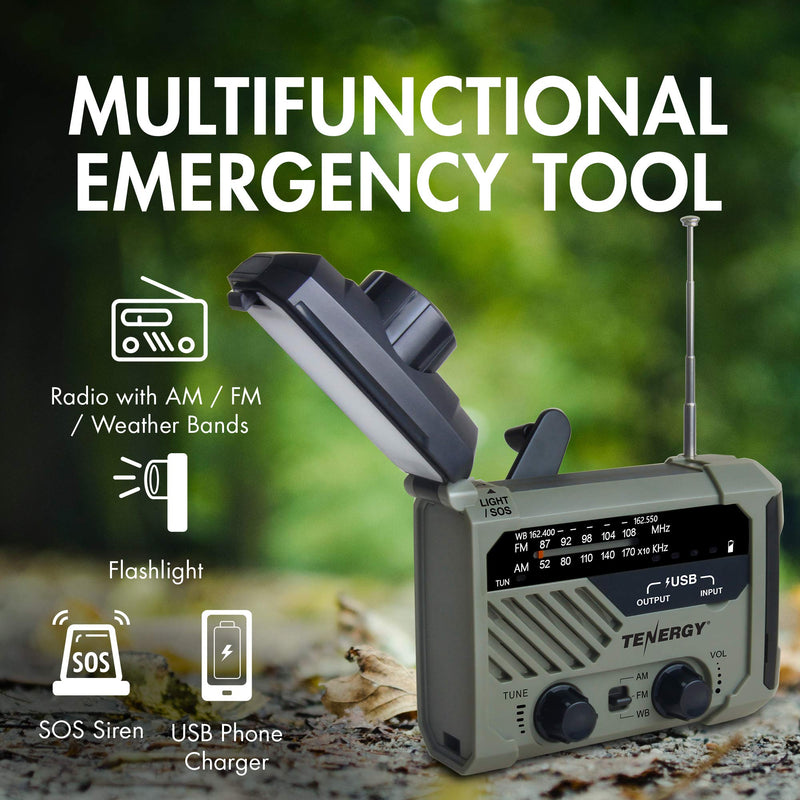 [Australia - AusPower] - Tenergy Multifunctional Hand Crank Weather Radio with LED Flashlights, SOS Alarm, Cell Phone Charger, AM/FM/NOAA Radio Frequencies, Ideal for Emergencies 