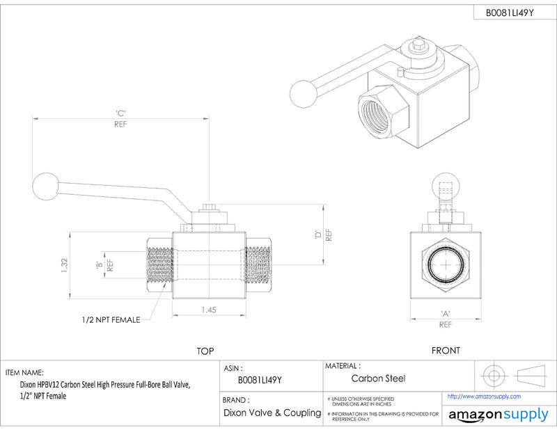 [Australia - AusPower] - Dixon Valve & Coupling HPBV12 Carbon Steel High Pressure Full-Bore Ball Valve, 1/2" NPT Female 0.5 Inch 