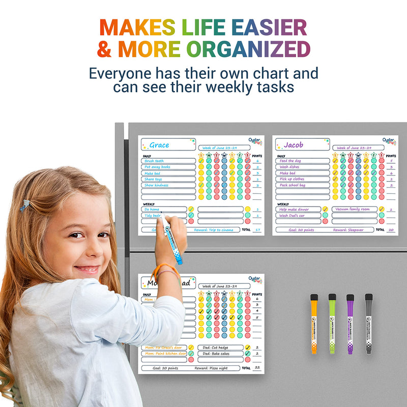 [Australia - AusPower] - Magnetic Chore Chart 3 Pcs for Multiple Kids & Adults - 5 Fine Tip Markers - Dry Erase Refrigerator Whiteboards - Reward Good Behavior for Toddlers & Responsibility for Teenagers - Organize the Family 