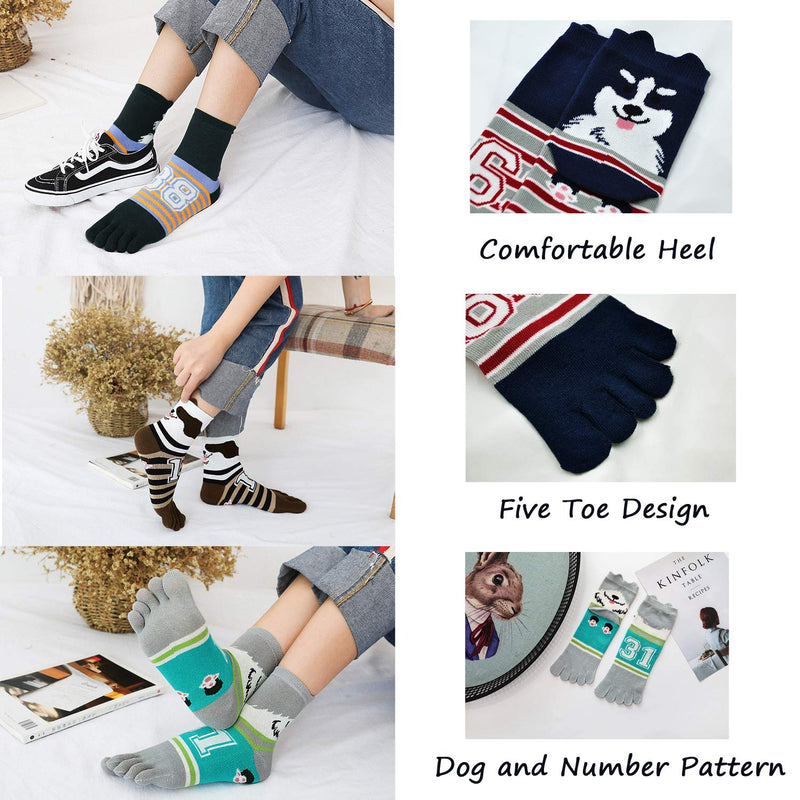 [Australia - AusPower] - Women's Toe Sock Cute Cat Dog Ankle Sock Cotton Athletic Running Five Finger Socks for Girls (5 Pairs) Multicolored 3 6-10 