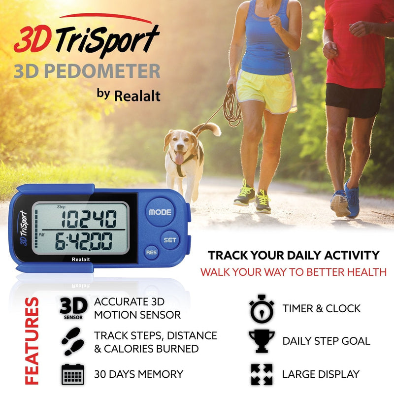 [Australia - AusPower] - Realalt 3DTriSport Walking 3D Pedometer with Clip and Strap, Free eBook | 30 Days Memory, Accurate Step Counter, Walking Distance Miles/Km, Calorie Counter, Daily Target Monitor, Exercise Time. 