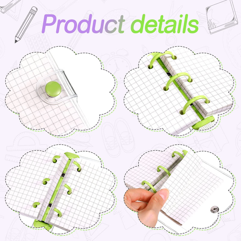 [Australia - AusPower] - 2 Sets Mini Transparent 3 Ring Binder Covers with Mini Binder Inner Paper Pockets Clear Soft PVC Notebook Closure Loose Leaf Folder Round Ring Binder Cover Protector with Snap Button (Green, Purple) Green, Purple 