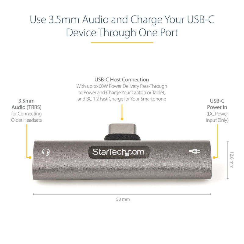[Australia - AusPower] - StarTech.com USB C Audio & Charge Adapter - USB-C Audio Adapter w/ 3.5mm TRRS Headphone/Headset Jack and 60W USB Type-C Power Delivery Pass-through Charger - For USB-C Phone/Tablet/Laptop (CDP235APDM) w/ 3.5mm audio + 60W Charge 