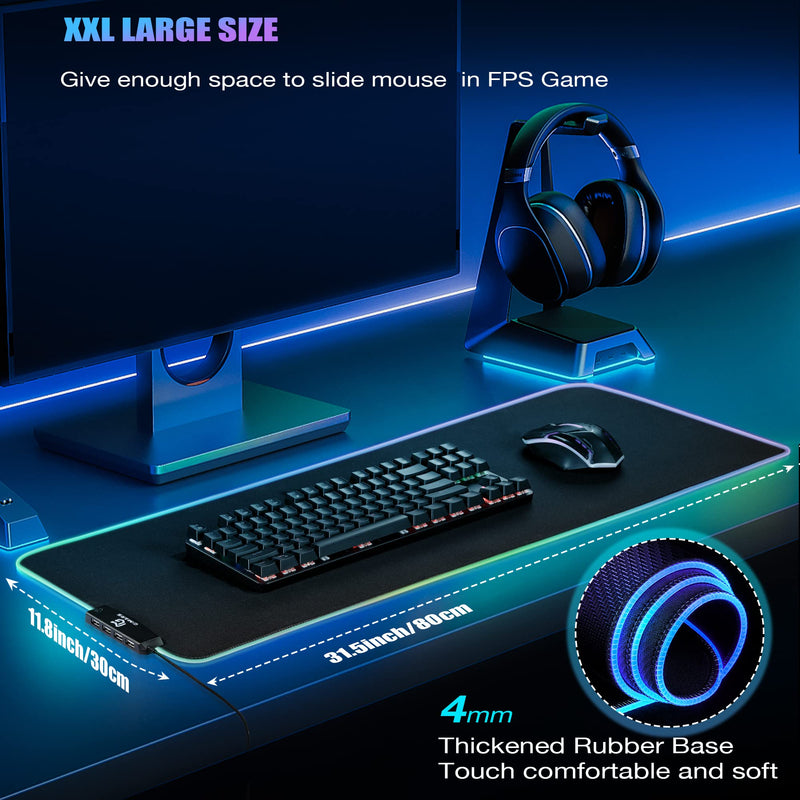 [Australia - AusPower] - Gimars RGB Gaming Mouse Pad with 4 USB Hubs, 15 LED Light Modes Mouse Pad, Extra Large，Non-Slip Rubber Base, Waterproof Desk Pad for Desk Laptop Computer, PC Games, Office Black-RGB+Usb Port 