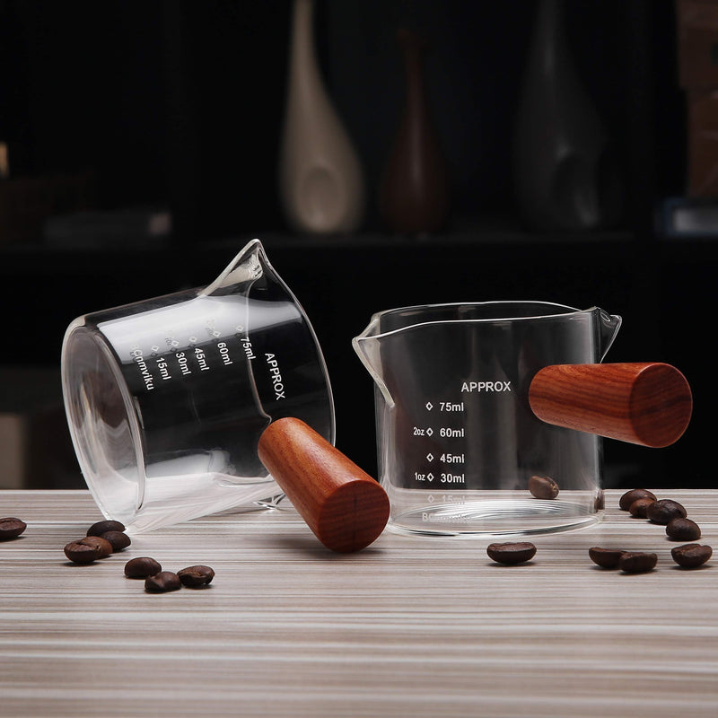 [Australia - AusPower] - 1 Pack Double Spouts Measuring Triple Pitcher Milk Cup with Wood Handle 75ML Espresso Shot Glasses Parts Clear Glass By BCnmviku 1 