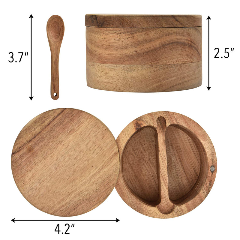 [Australia - AusPower] - Acacia Wood Salt and Pepper Cellar with Swivel Magnetic Lid Serving Spoon inside 2-Compartment for Storing Salt,Herbs,Spices 