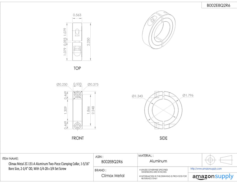 [Australia - AusPower] - Climax Metal 2C-131-A Aluminum Two-Piece Clamping Collar, 1-5/16" Bore Size, 2-1/4" OD, With 1/4-28 x 3/4 Set Screw 