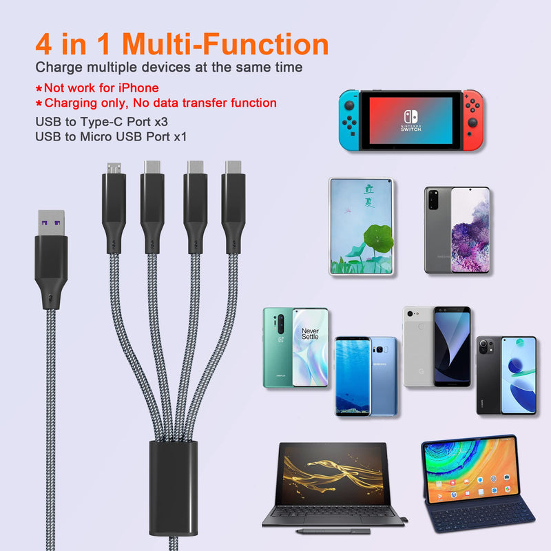 [Australia - AusPower] - Multi Charging Cable, Multi Charger Cable 2Pack 10FT Universal 4 in 1 Multiple USB Cable Fast Charging Cord Adapter with 3 Type-C, 1 Micro USB Port Connectors for Cell Phones Tablets and More 